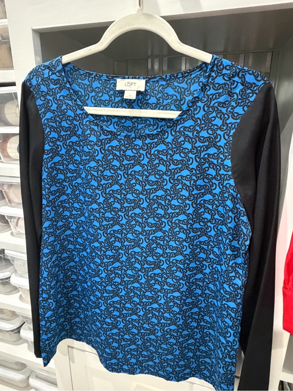 LOFT Blue and Black Long-Sleeve Printed Top